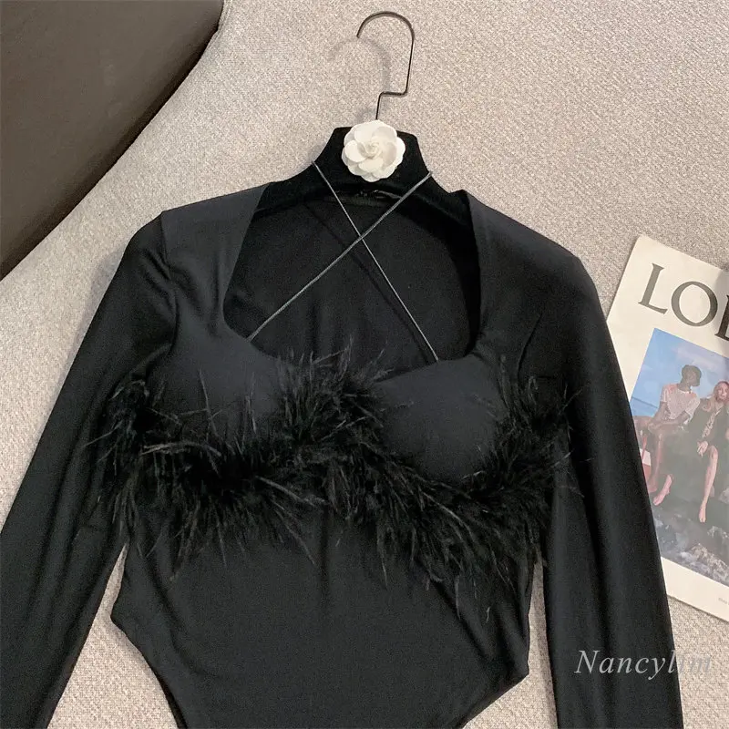 

Женское боди с длинным рукавом, черное боди с вышивкой перьев и квадратным вырезом на шее, весна 2023