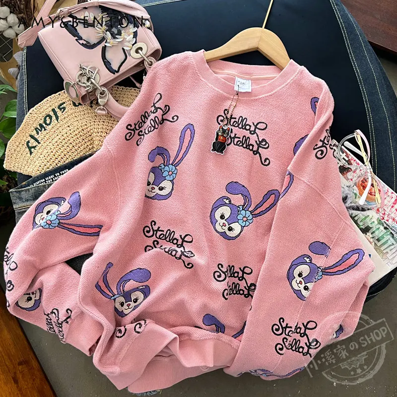 Textured Terry Sweatshirt for Women Pure Cotton Full Printed Cartoon Age-Reducing Style Pullover Tops for Ladies New Fashion