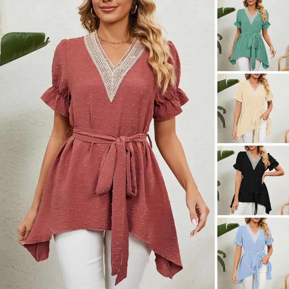 

Womens Lace Stitching Trim Ruffle Short Sleeve Solid Chiffon Shirt V-neck Tops Irregular Hem Belt Tops