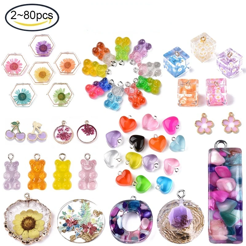 

2PCS - 80PCS Cartoon Bear Charms Resin Cabochons Pendants Glitter Gummy Candy Necklace Keychain Pendant DIY Making Accessories