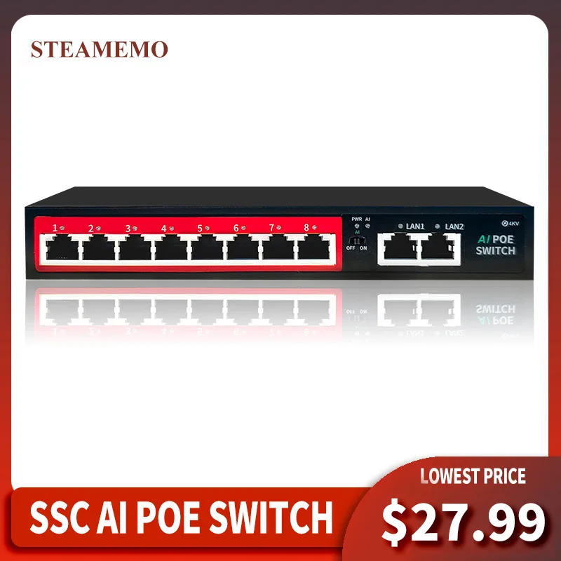 STEAMEMO 48V Active POE Switch 8 Port 52V90W External Power Supply Ethernet Switch Network For IP Camera & Wireless AP