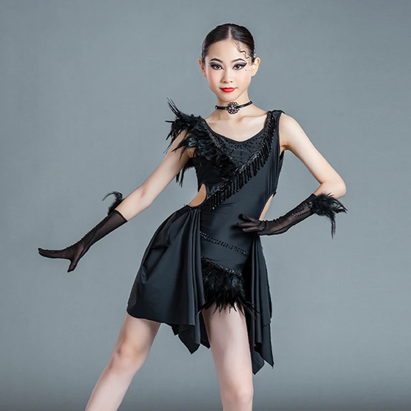 

Girls Latin Dance Dress For Competition ChaCha Rumba Dancing Performance Costume Samba Salsa Dance Black Feather Dresses 2022