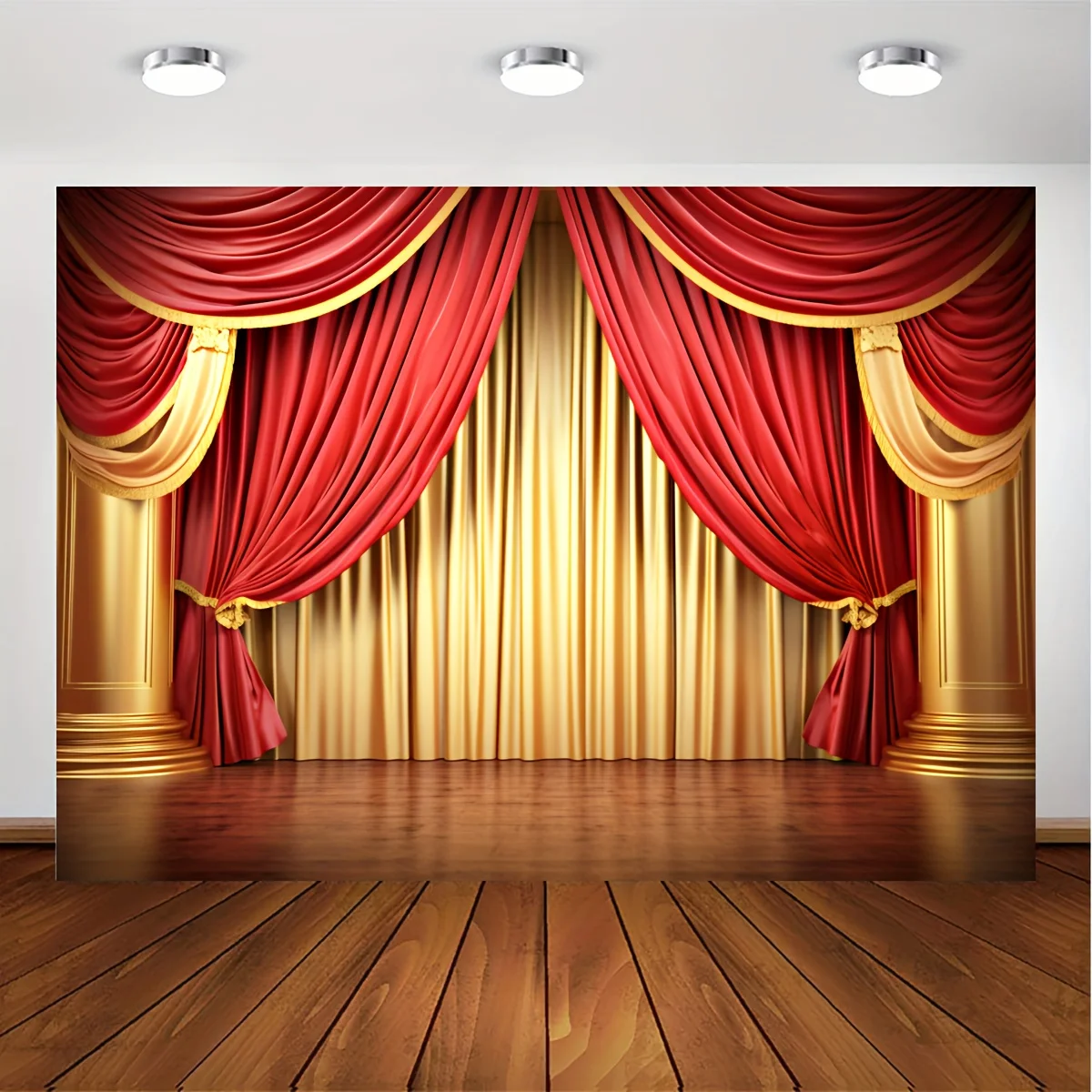 Фон для фотографирования с изображением золотой и красной занавески