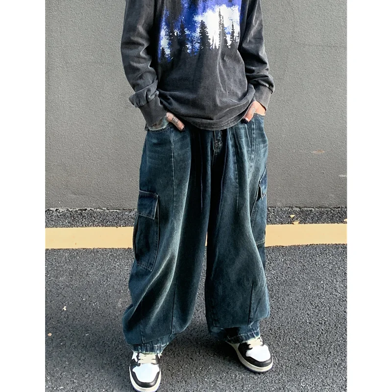 Men Clothing New Pattern Recreational Vintage Broad Leg Blue Jeans Straight Cylinder Big Pocket Loose Cargo Pants Autumn Female