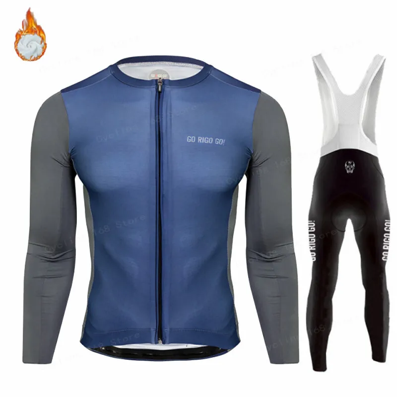 

GO RIGO GO 2022 Cycling Jersey Men's Winter Warm Fleece Cycling Clothing Suit Sports Mountain Bike Wear Clothing Bib Thermal Set