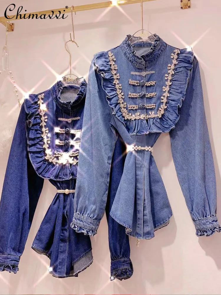

Denim Shirt for Women 2022 Spring New Korean Style Fashion Sweet Heavy Rhinestone Ruffled Patchwork Retro Buckle Blouse
