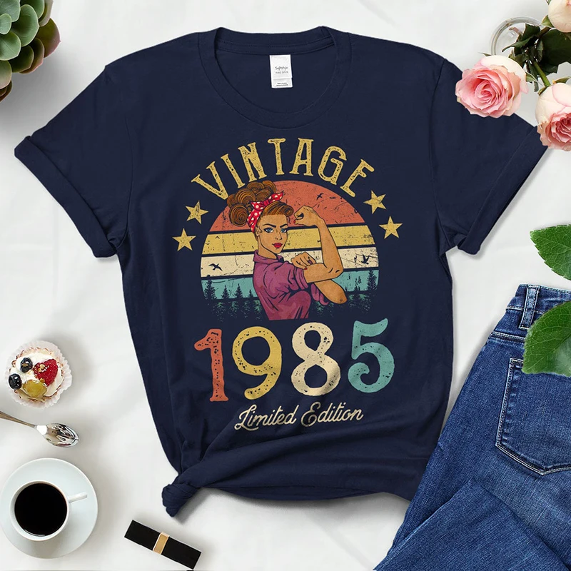 

Vintage 1985 Women T Shirt 38th 38 Years Old Birthday Party Gift Mom Wife Girlfriend Tshirt Retro Top Black Clothes Dropshipping