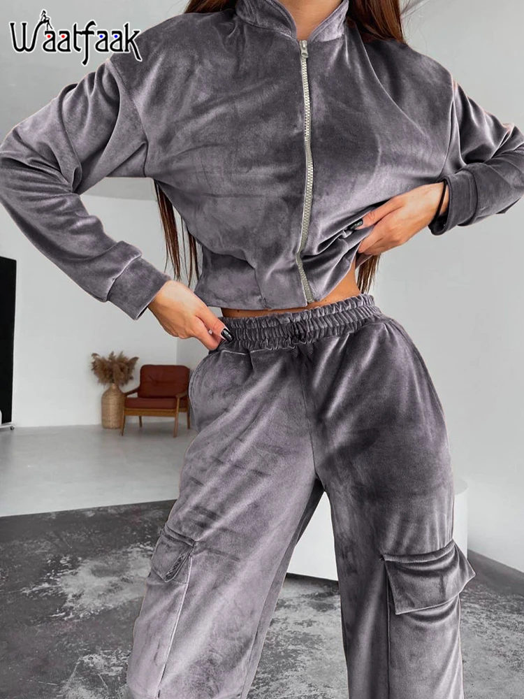 

Зимний Бархатный комплект из двух предметов Waatfaak, брюки, повседневный укороченный жакет на молнии, женские серые спортивные брюки с высокой...