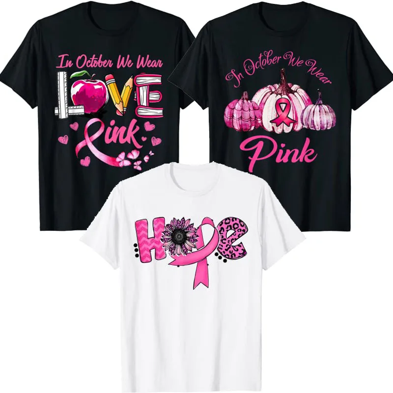 

LOVE Hope Leopard Sunflower In October We Wear Pink Teacher Breast Cancer Awareness T-Shirt Pumpkins Pink Ribbon Graphic Tee Top