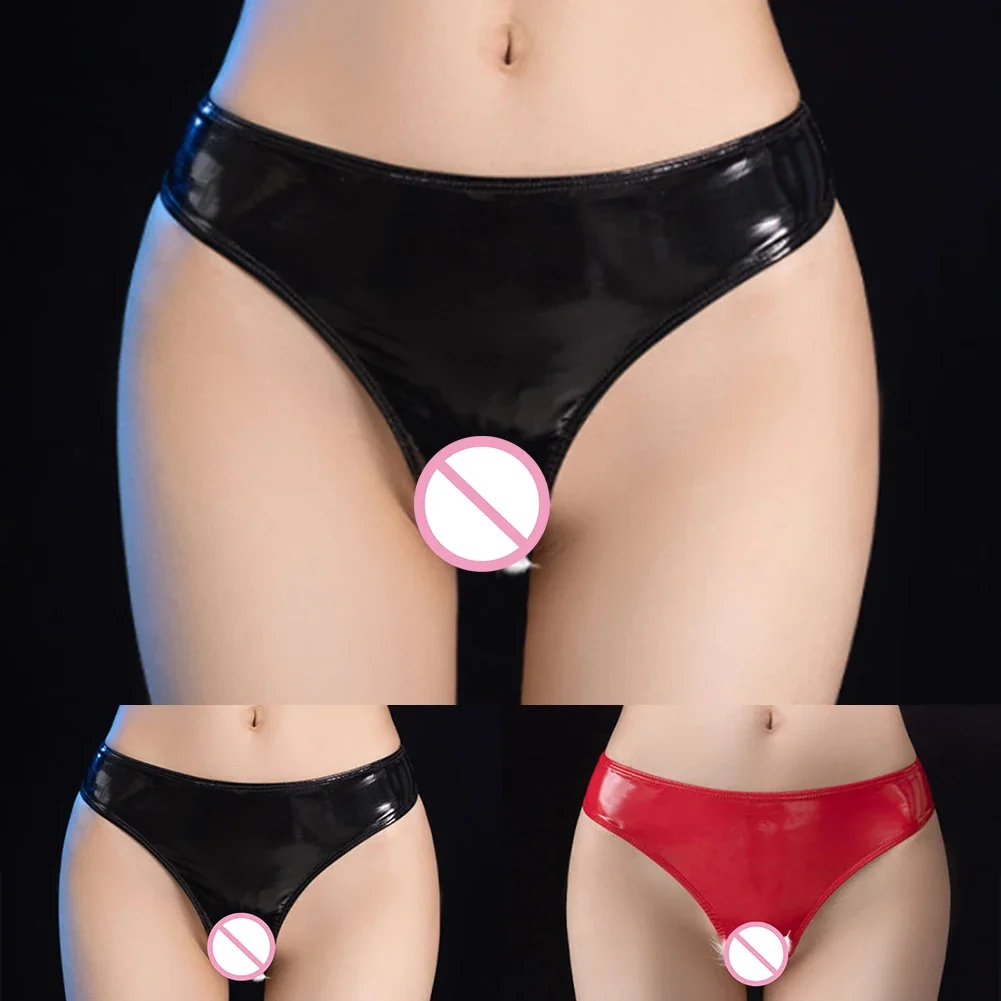 Женское нижнее белье трусики из лакированной кожи с открытой промежностью