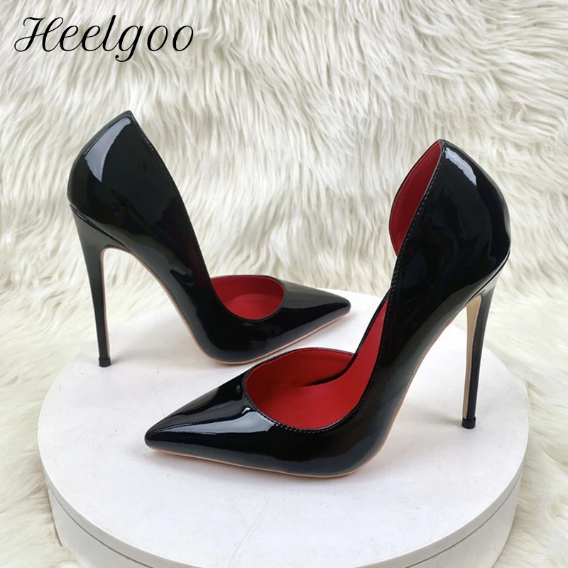 

Heelgoo Women Black Patent Leather Pointy Toe High Heel Shoes D'Orsay Side Cut Elegant Party Stiletto Pumps Plus Size 33-46