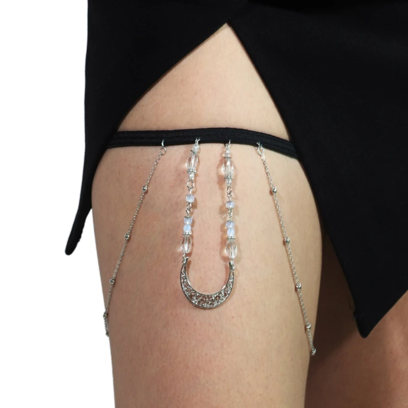 

28TF Silver Color Moon Crystal Tassel Leg Chain Gothic Thigh Chain for Bikini