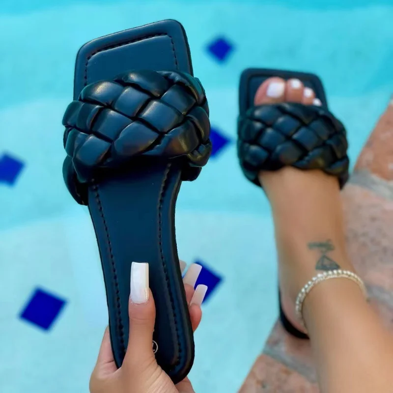 

Fashion Weave Slippers Women Square Toe Flat Casual Women's Slide 2023 Summer New Beach Open Toed Flip Flops for Women Big Size