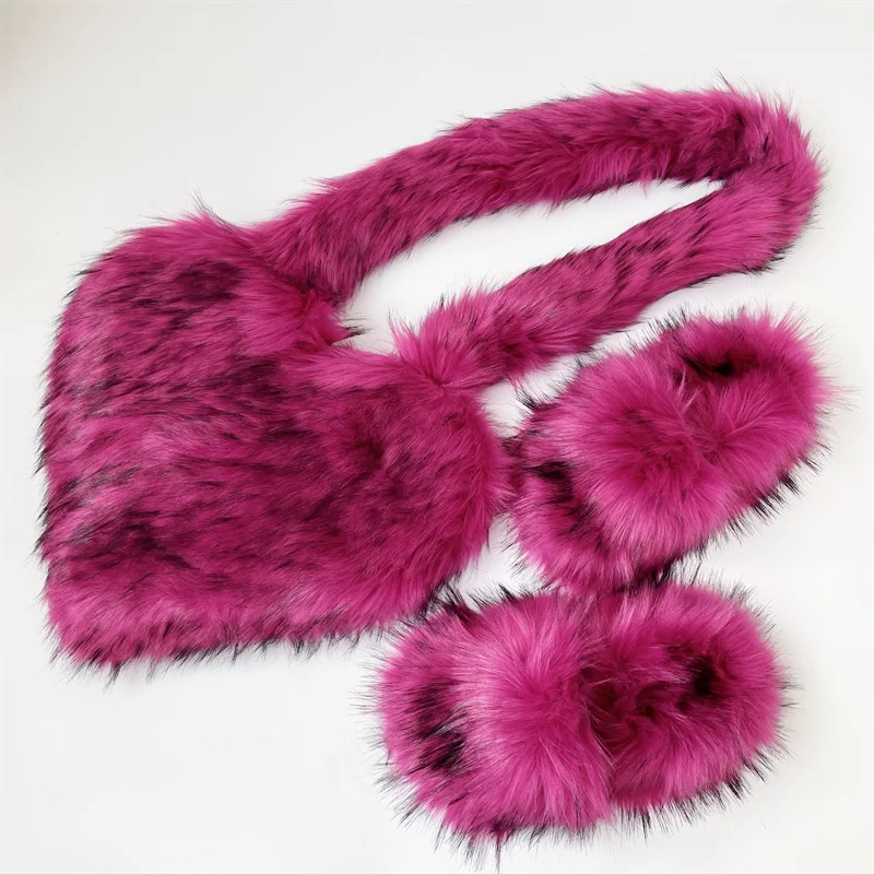 

PVC Faux Raccoon Brown Teddy Fur Slides 2.0 Fox Fur Slippers and Heart Bag sets