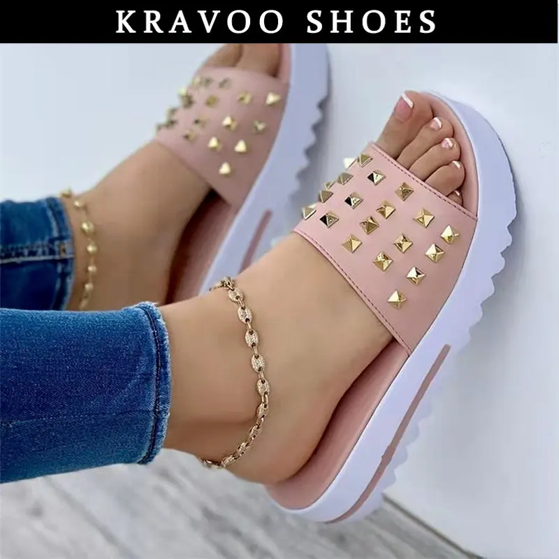 

KRAVOO NEW Beaded Women Slippers Platform Sandals Women Shoes Summer Flat Slides Casual Beach Ladies Flip Flops Women Shoes