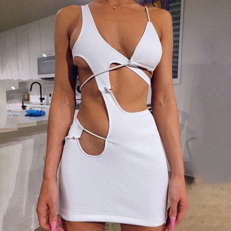 

Y2K Solid Sleeveless Hollow Design Summer Strap Dress Low-cut Waist Sexy Ladies Party Nightclub Wear 2022 Bodycon Dresses