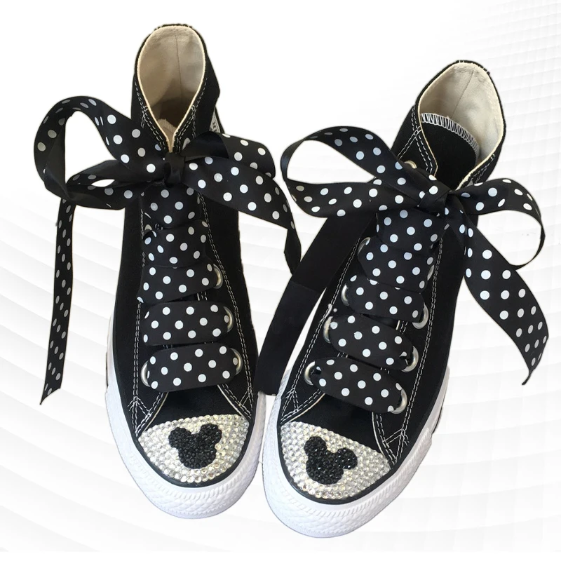 

Black High Top Spotted Ribbon Rhinestone Pattern Canvas Shoes Comfortable Walking Handmade Rhinestone Vulcanized Shoes 35-46