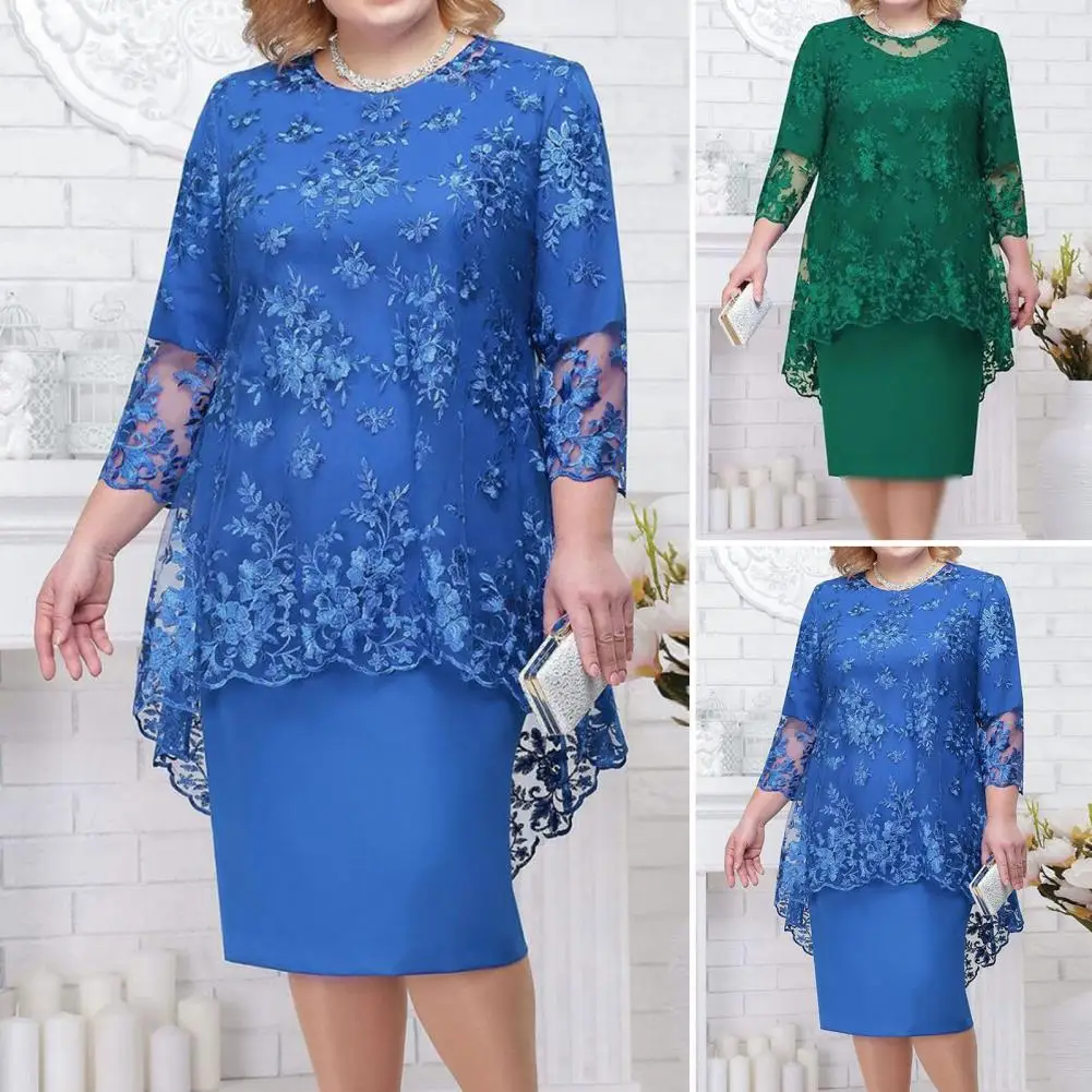 

Lady Dress Soft Solid Color Breathable Elegant Embroidery Flower Lace Party Midi Dress Set Evening Dress High-Waist
