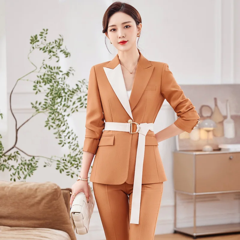 IZICFLY New Style 2023 Spring Summer Blue Business Suits Slim Office Blazer And Pant Sets For Women Work Wear Uniform With Belt