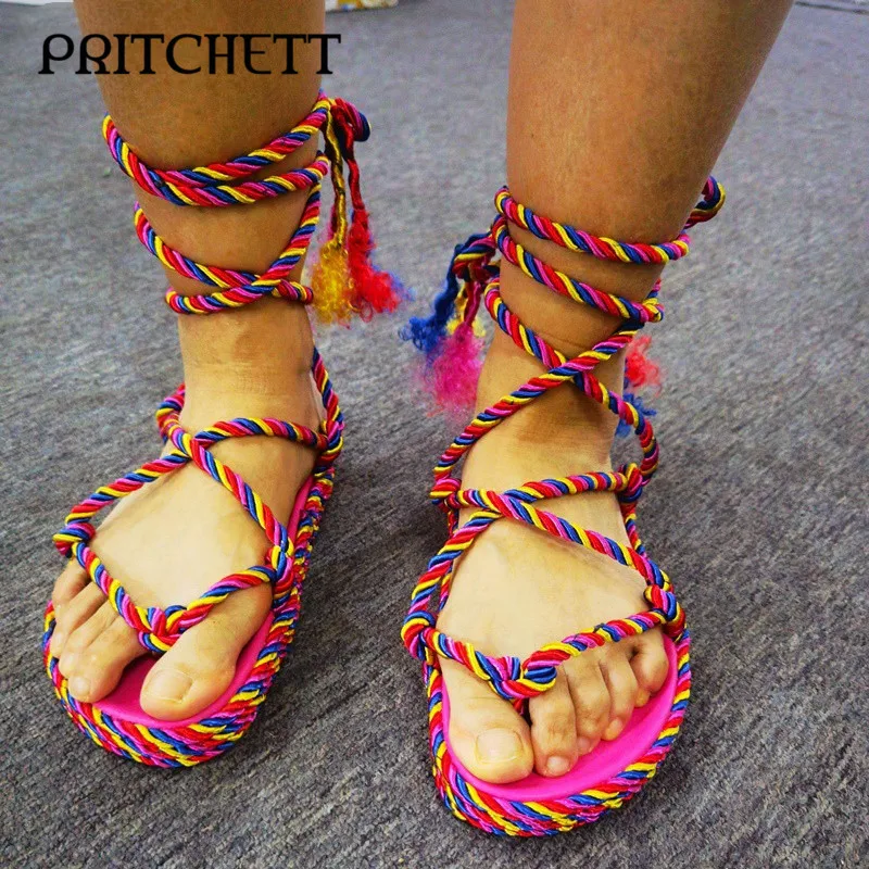 Blue and Red Color-Block Woven Flip-Flops Woven Heightened Round Toe Cross-Strap Sandals Fashion Tassel Platform Sandals