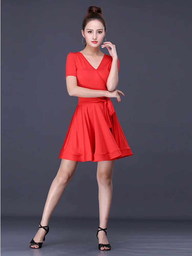

V-neck Dance Costume Women Belly Latin Dress Solid Color Flamengo Standard Dances Woman Slim Fit Sports Bandage Clothes