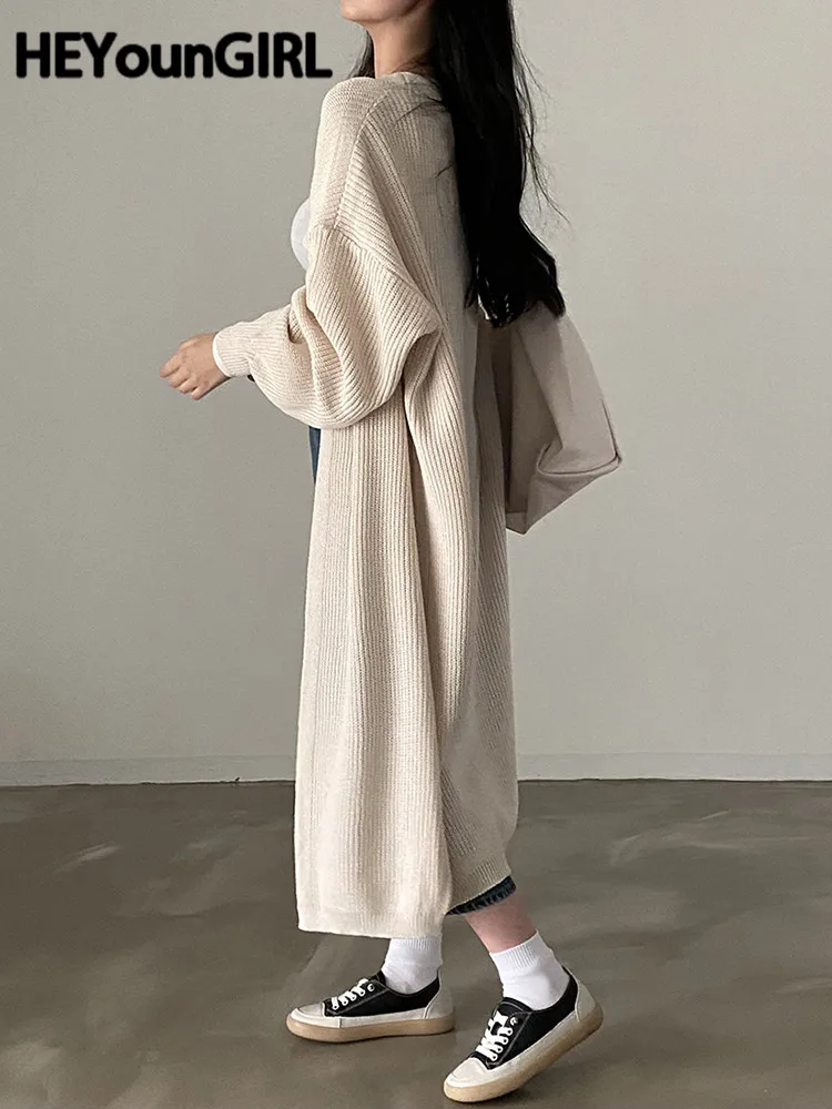 

Зимний длинный кардиган HEYounGIRL, корейская модная трикотажная одежда для женщин, свитер, пальто, Осеннее элегантное однотонное повседневное ...