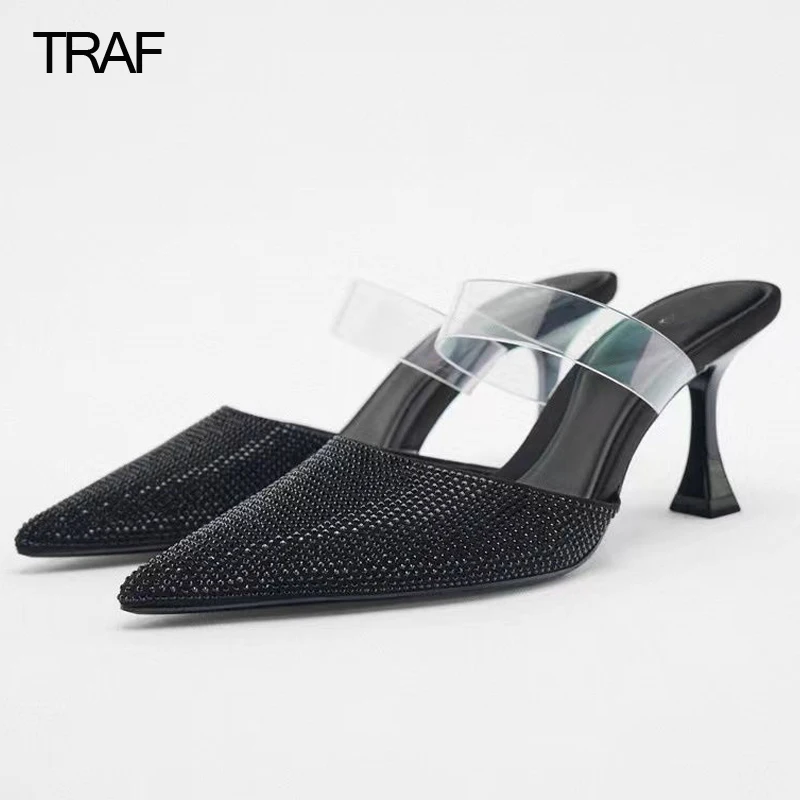 

TRAF Woman Black Heels Elegant Heeled Shoes Women's Pumps Mules High heels Woman Medium Heel Rhinestone Slingback Glitter Heels