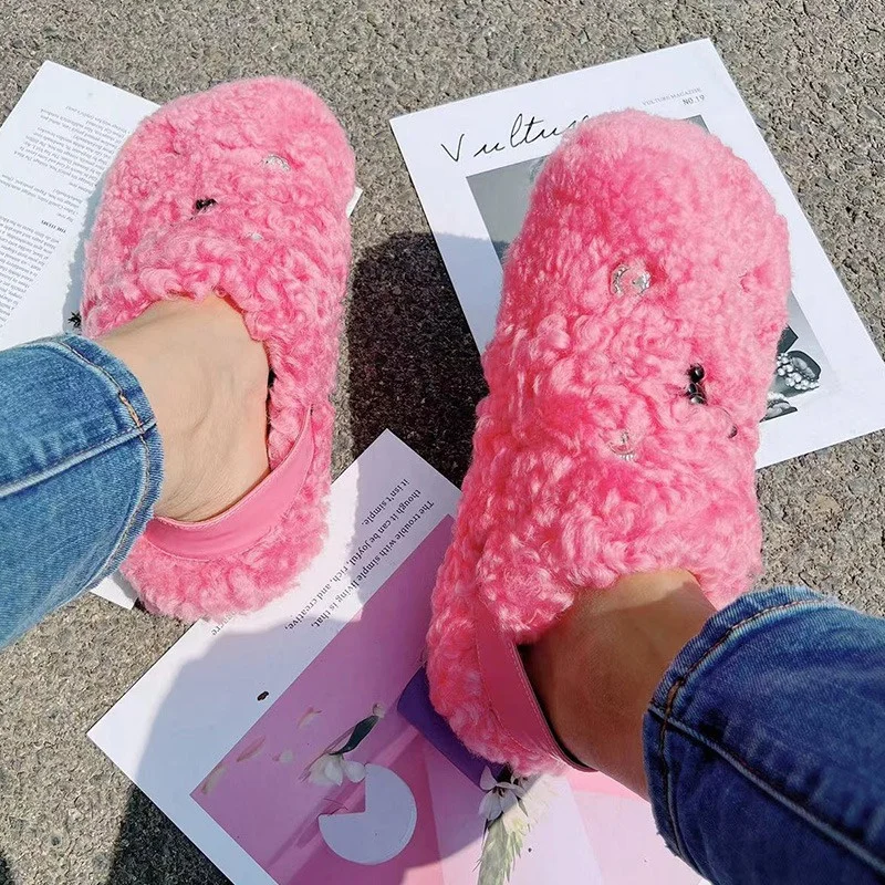 Creative Design Baotou Fur Slippers Solid Color Wool-fur Warm Fashion Slippers Winter Outdoor Ladies Fluffy Slippers