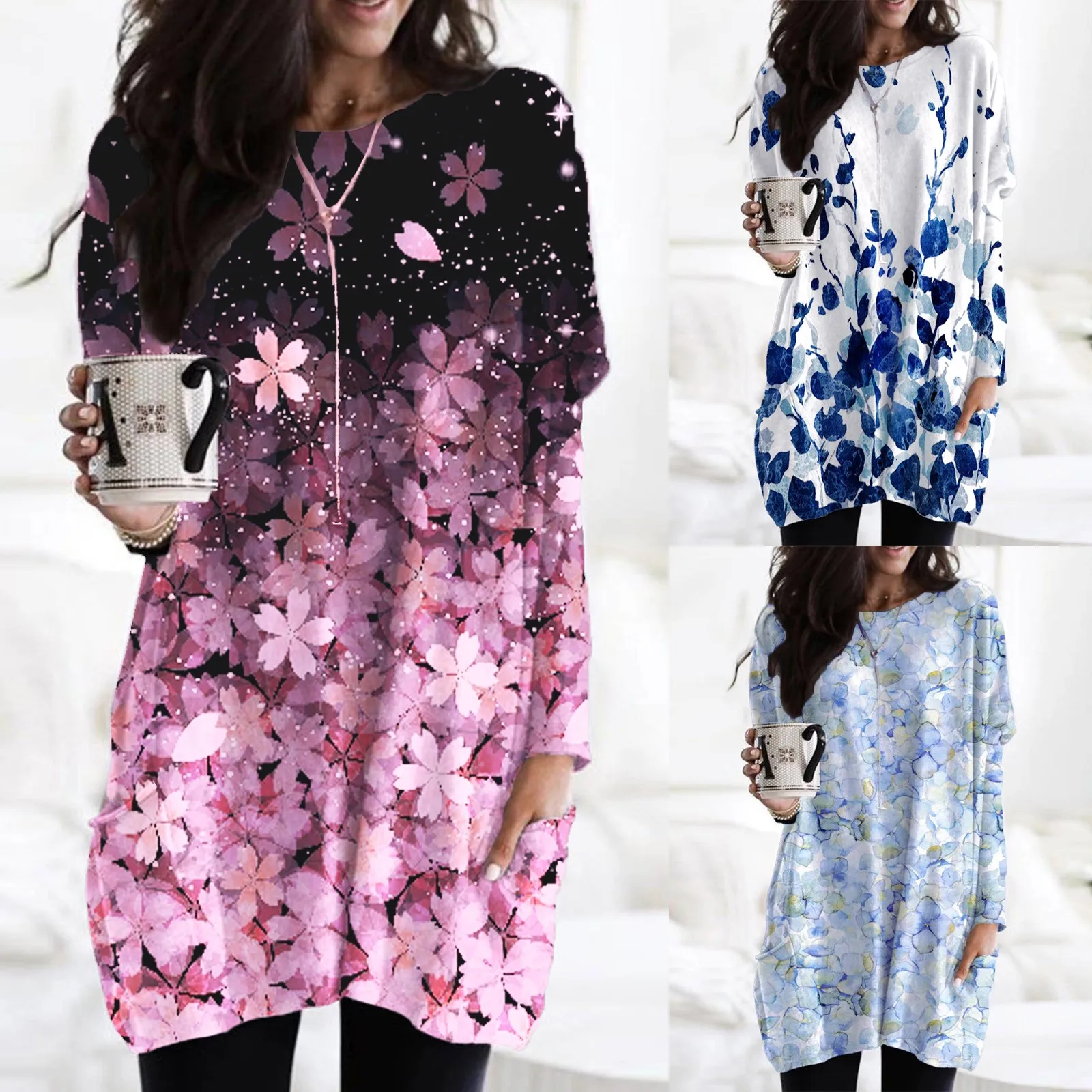 

Women's Casual Floral Print Long Sleeve Pocket Round Neck Dress Shirt Long Loose Top Womens Cotton Long Sleeve T Shirt
