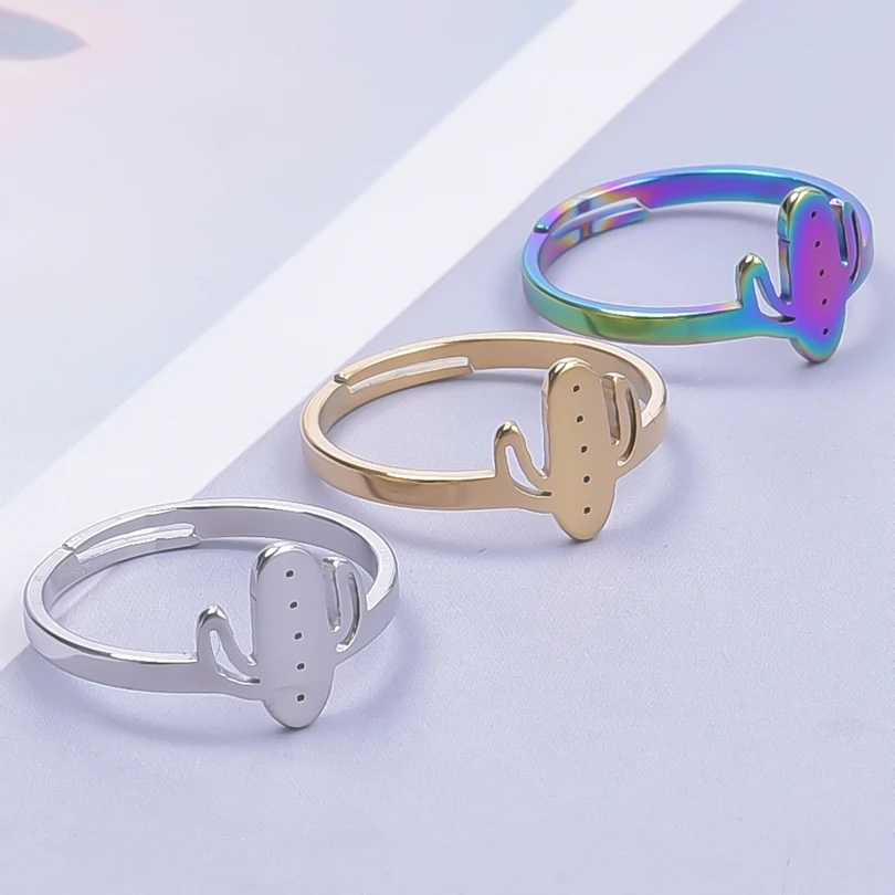 

Simple Plant Glossy Cactus Stainless Steel Ring For Women Men Accessories Personality Adjustable Ring 2023 Fashion Jewelry Gift