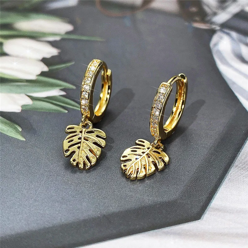 

New Gold Color Leaf Dangle Earrings for Women Hoops with CZ Stone Newly-Designed Female Earrings Party Daily Wear New Jewelry