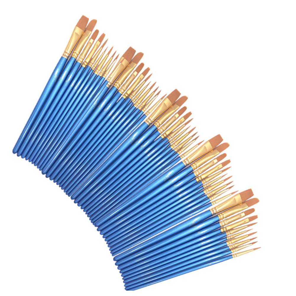 

50pcs Stationery Watercolor Gouache Nylon Hair Acrylic Oil Paint Brush Set Drawing Supplies Professional Blue Gift Flat Round