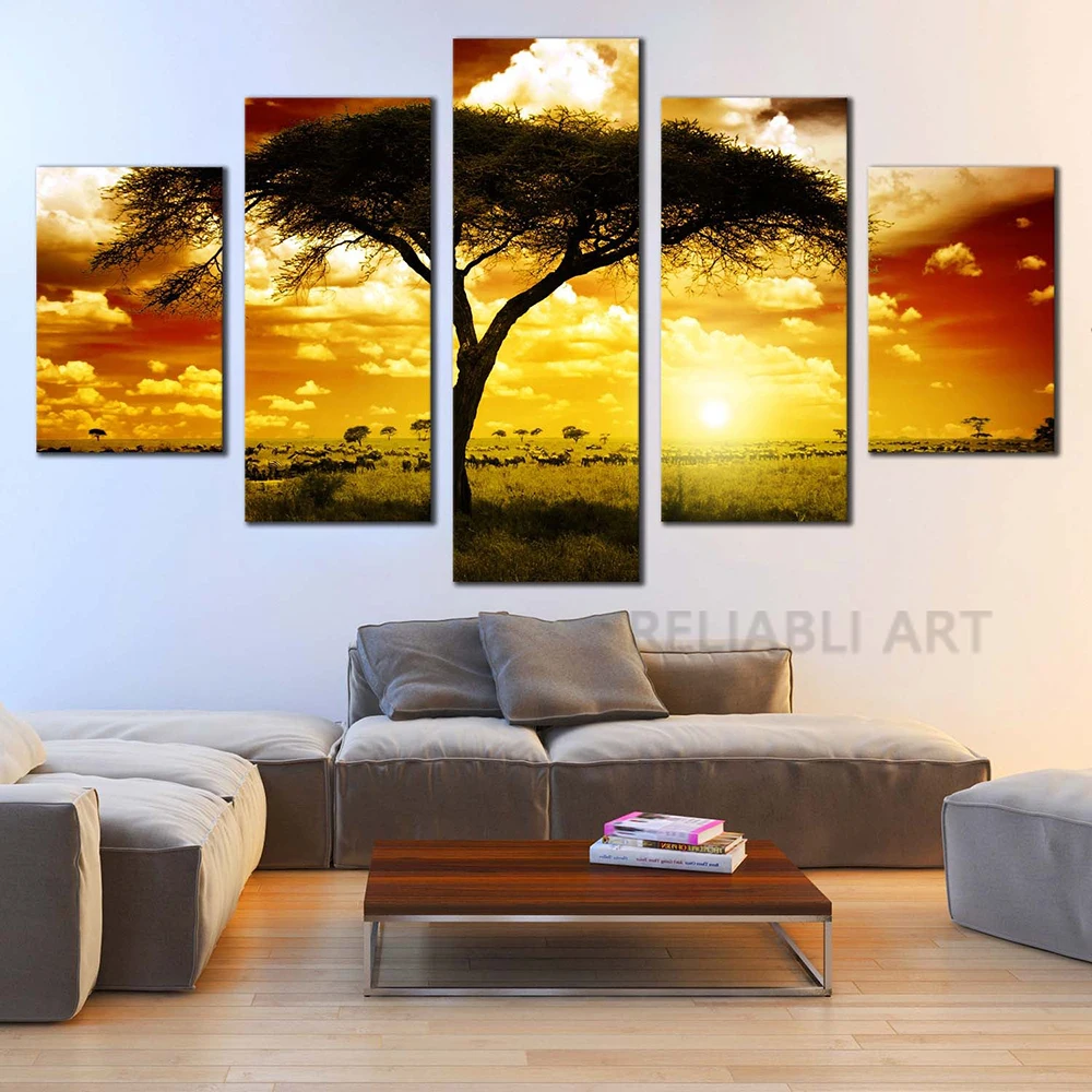 

5 Panels African Sunset Canvas Wall Art Beautiful Yellow Brown Sunset Sky Canvas Painting Alone Tree Poster for Living Room