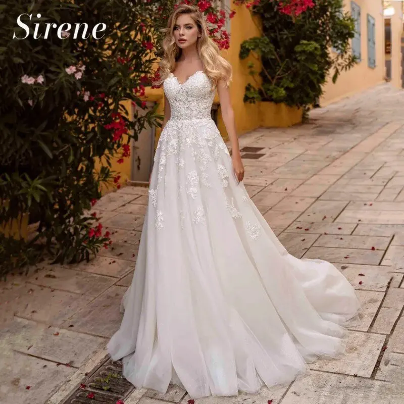 

Elegant Sweetheart Wedding Dresses A-Line White Backless Lace Applique Strapless Tulle Bridal Gown Sweep Train Vestidos De Novia