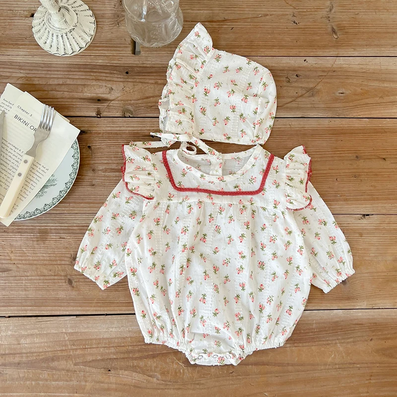 2023 Spring Baby Girl Clothes Korea New Flower Jumpsuit Long Sleeve Dresses Hat 2pcs Cute Princess Romper Children Outfits 0-24M