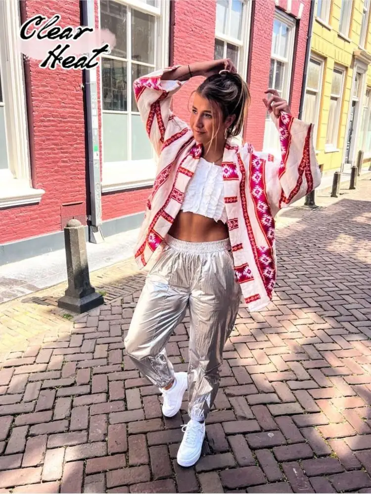 

Patchwork Printed Loose Cotton Jackets For Women Female Fashion Long Sleeve Lapel Outwear Coats 2023 Winter Vacation Cardigans