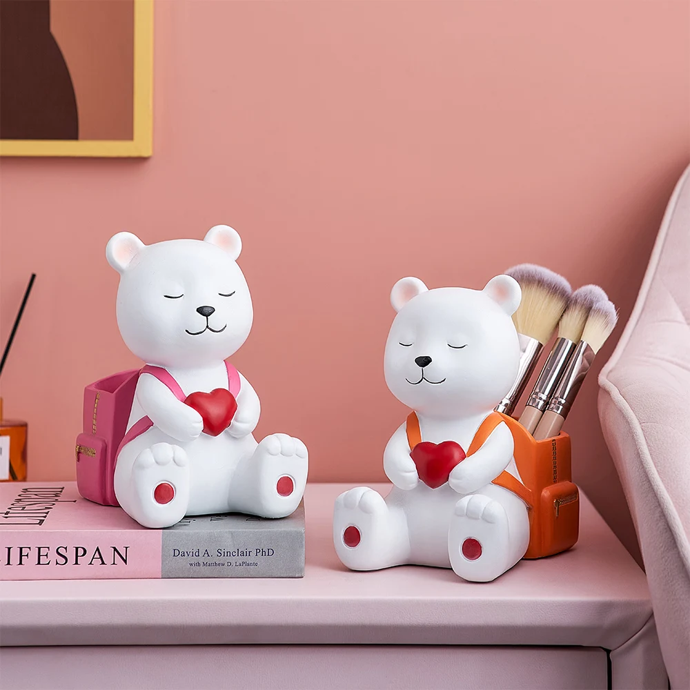 

Home Decoration Accessories For Living Room Animal Figurines Resin Charms Bear Model Pen Holder Office Desk Decor Christmas Gift