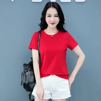 2022 summer new pullover cotton short sleeve t shirt womens solid color round neck t shirt simple and versatile bottomed top