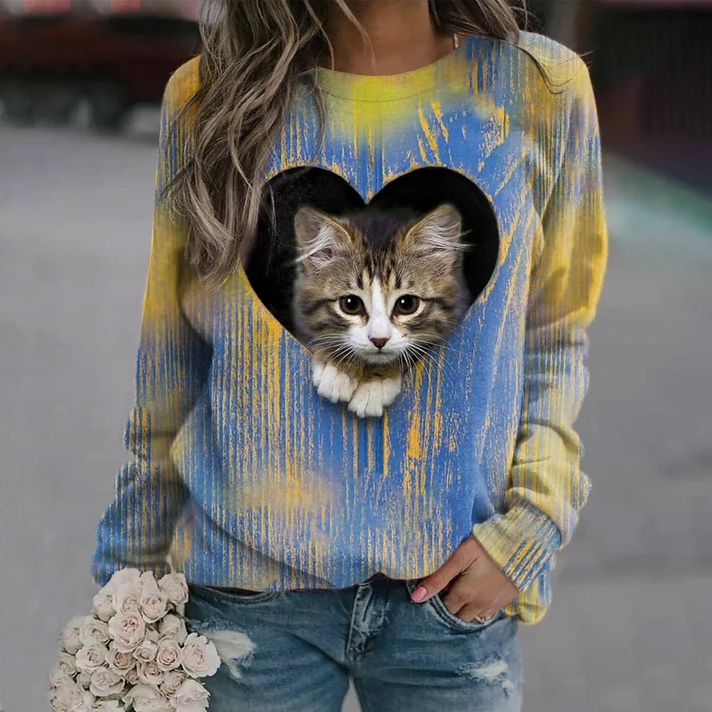 

2022 [New In] Women's 3D Cat In The Heart T Shirt Cat Graphic 3D Print Round Neck Basic Long Sleeves Tops
