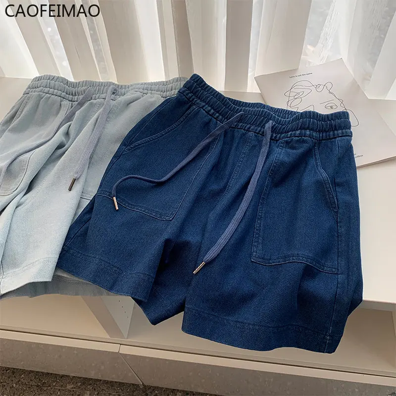 

Women Shorts Summer High Elastic Lace Up Drawstring Wide Leg Sweat Short Blue Washed Cotton Straight Leg Denim Shorts