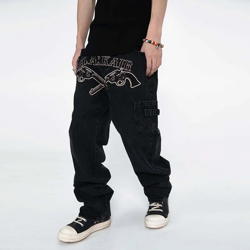Harajuku Front Gun Letter Embroidery Vibe Style Mens Denim Pants Streetwear Oversized Loose Casual Couple Jeans Trousers