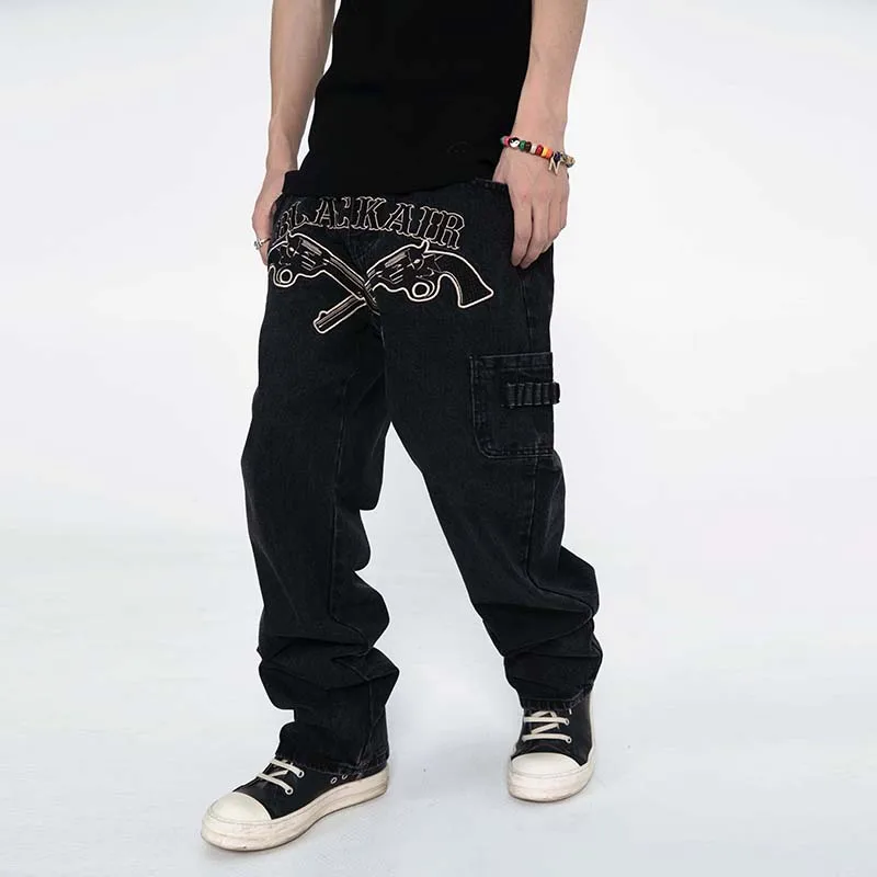 

Harajuku Front Gun Letter Embroidery Vibe Style Mens Denim Pants Streetwear Oversized Loose Casual Couple Jeans Trousers