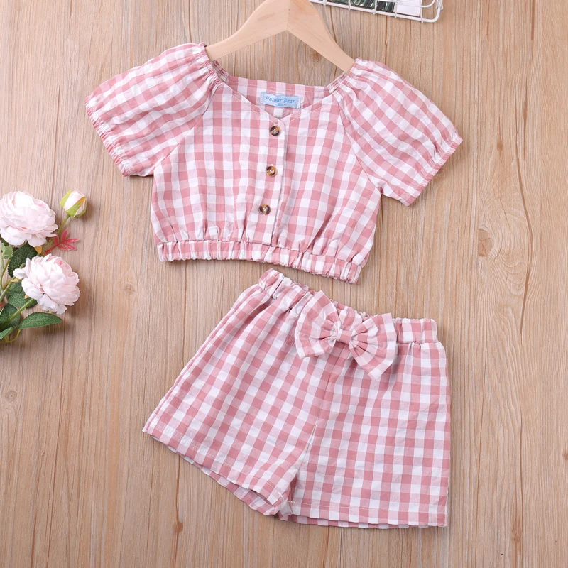 

Girl Clothes Set 2023 New Fashion Plaid Printed Short-sleeve Top + Shorts Summer Children's Clothes 2-Piece Outfit