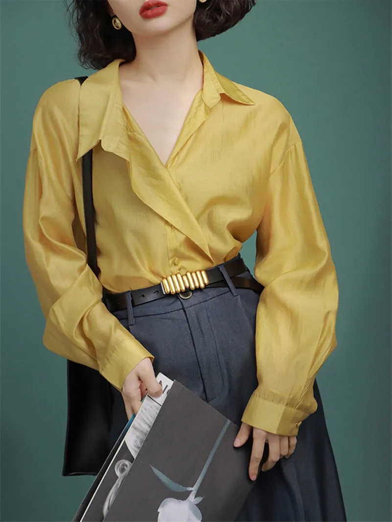 

New Spring Rayon Office Lady Smooth Turn-down Collar Sunscreen Wide Brimmed Shirt Solid Loose Basics Casual Thin Shirts Coats