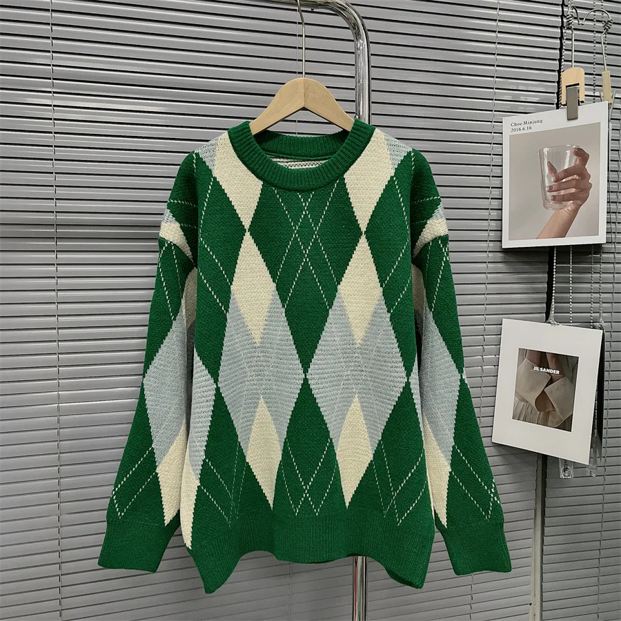 

SuperAen Contrast Diamond Sweater Women's Fall Winter 2022 New Vintage Japan Style Loose Pullover Sweater Top