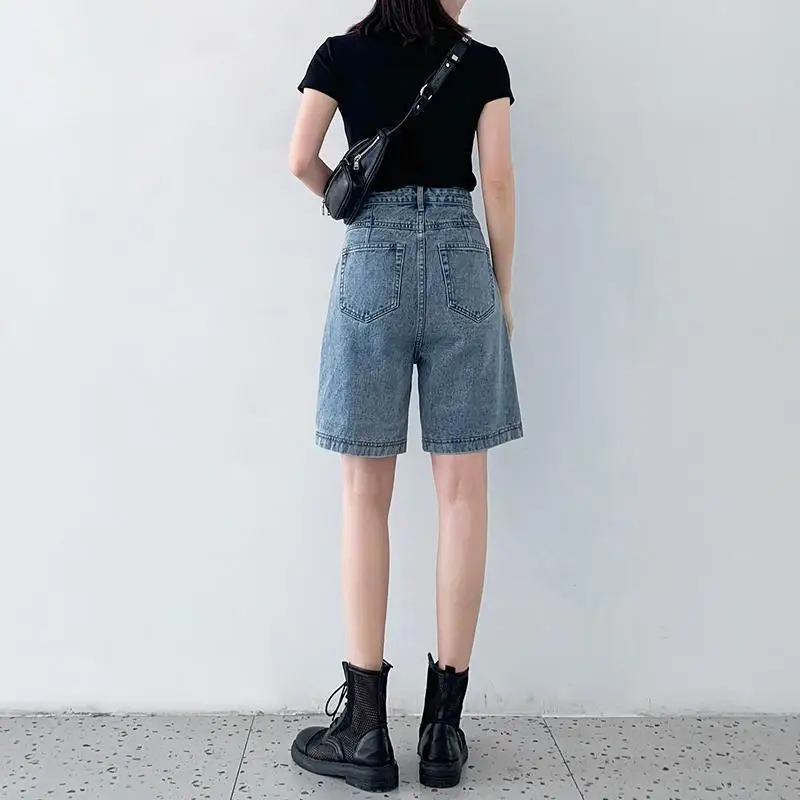 Vintage Blue Denim Shorts Women's Jean Shorts Summer Casual Korean Fashion Elastic High Waist Straight Leg Slim Wide Leg Pants