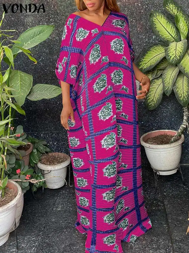 

2022 Модные женские свободные платья VONDA, длинный сарафан с принтом, женское летнее платье с длинным рукавом Вечерние вечернее платье с V-образ...