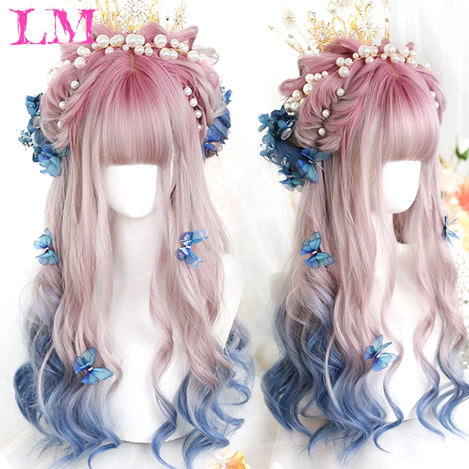 

LM Synthetic Long Lolita Ombre Colorful Wig Harajuku Hair With Bang Red Blue Wave Curly Cosplay Wig Heat Resistant Wigs