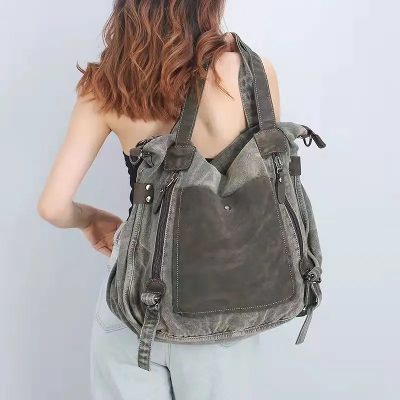 Large Capacity Canvas Womens Bag With Contrasting Color Stitching European And American Large Capacity Fashionable Retro Handbag