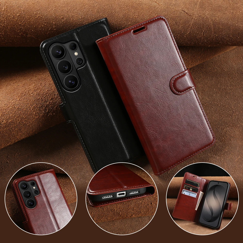 Фото Кожаный чехол-флип Crazy Horse для Samsung Galaxy S26 Ultra S25 Plus S24 FE S23 S22 S21 S20, чехол для телефона S26 Ultra Coque №3